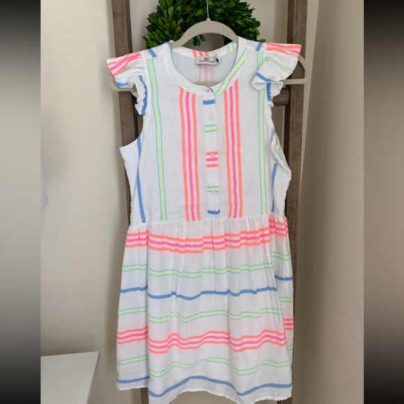 Vineyard Vines White Gauze neon stripes/flutter sleeve dress SZ 2 - Picture 2 of 3